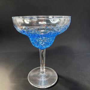 Fritz Blue Bubble Glass‎ Margarita Cup Blown Glass Stemware 6.5" Tall 5" Wide